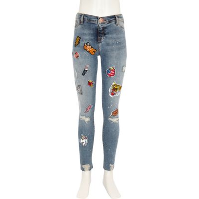 Girls blue wash badge paint Molly jeggings